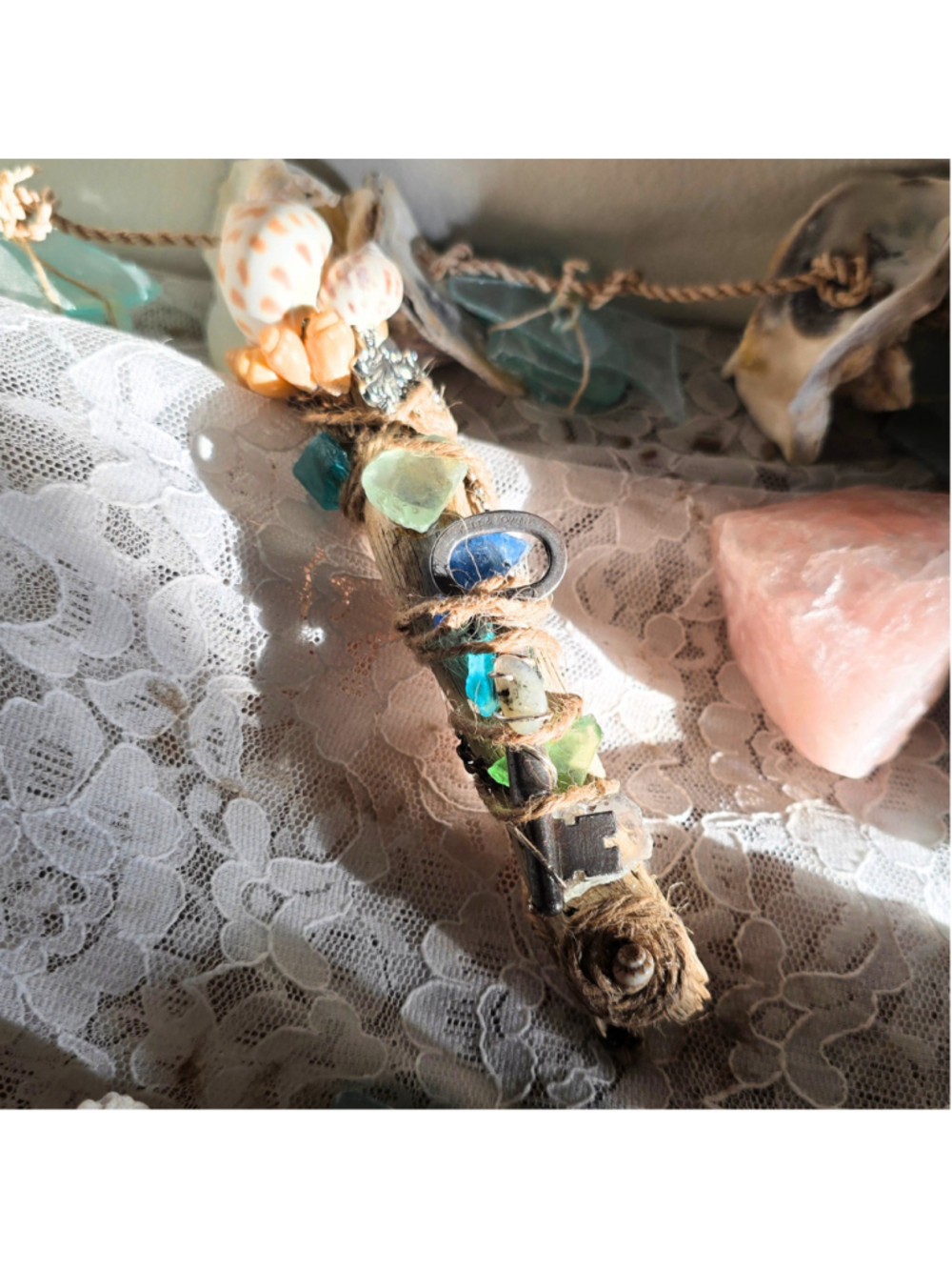 Handcrafted Sea Witch Driftwood Wand with Crystals & Sea Glass
